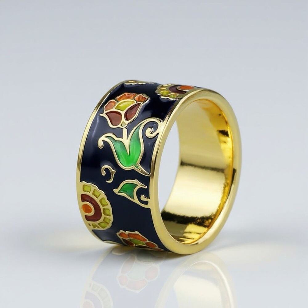 Chico’s Cloisonné Enamel Flower Ring Gold Sz 9 Floral Statement VTG Boho 925